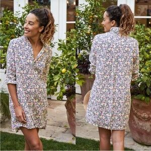 FRANK & EILEEN Sz XS Bright Neon Floral Linen Hunter Step Hem Shirt Dress